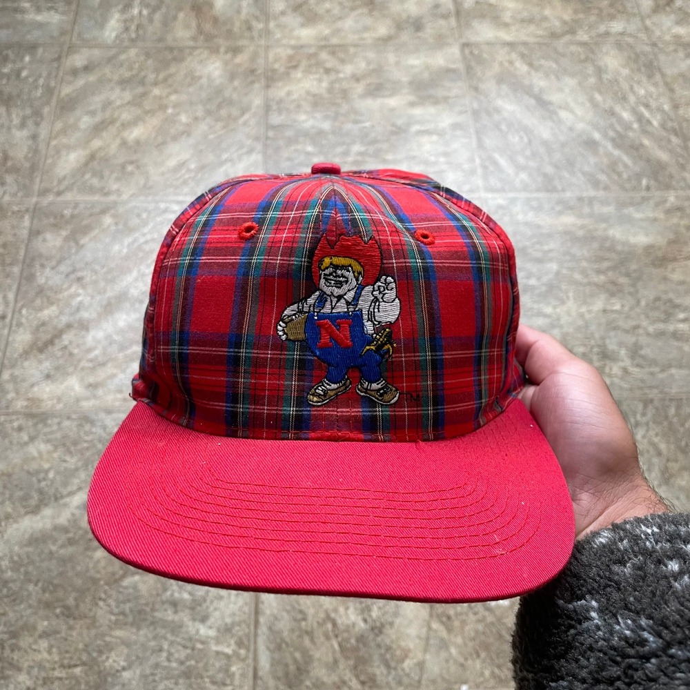 Vintage Nebraska Cornhuskers Herbie Husker Red Plaid Snapback Hat Cap NCAA